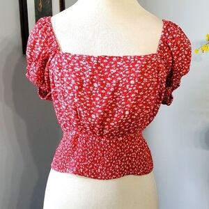 SIM & SAM, summer top, red floral design medium Off the shoulders Elastic bottom